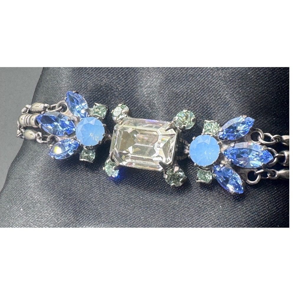 Sorrelli Blue Crystal Floral Statement Bracelet Antiqued Silver Tone Adjustable - Picture 3 of 9